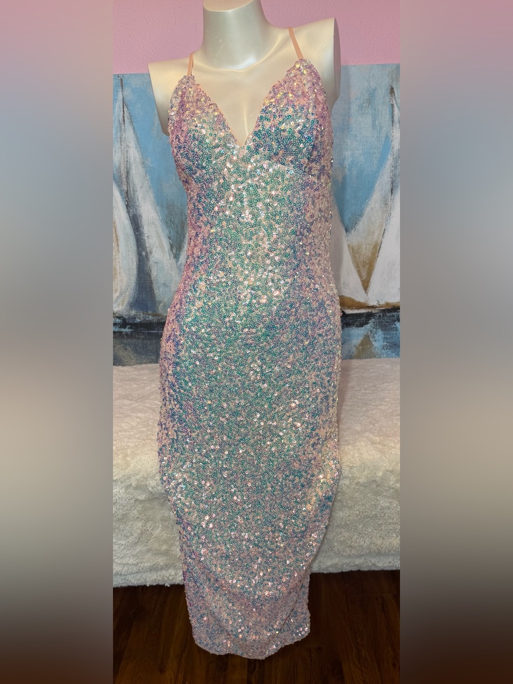 Iridescent Sequin Bodycon Dress in Pastel Aqua & Pink